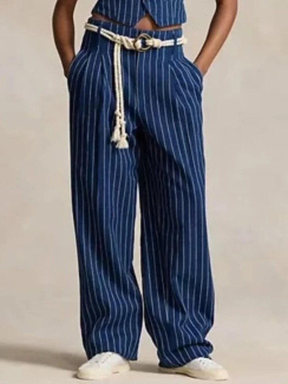 Polo by Ralph Lauren Navy Blue White Pinstripe Pleated Trousers